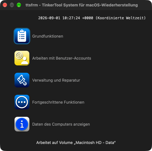 Das Hauptmenü von TinkerTool System für macOS-Wiederherstellung (ttsfrm)