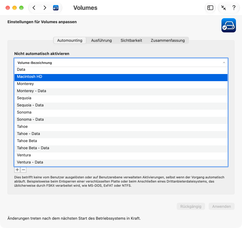 Automatische Aktivierung von Volumes verhindern