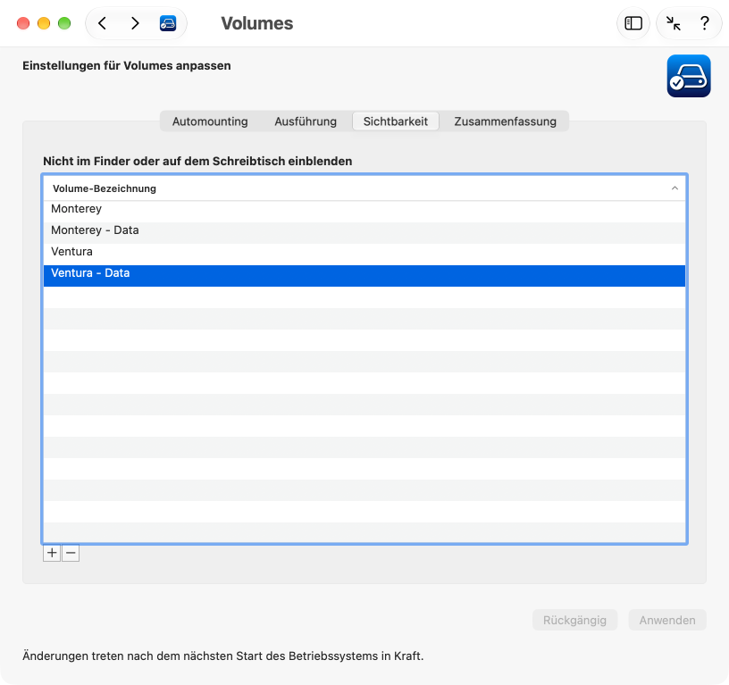 Sichtbarkeit eines Volumes einstellen