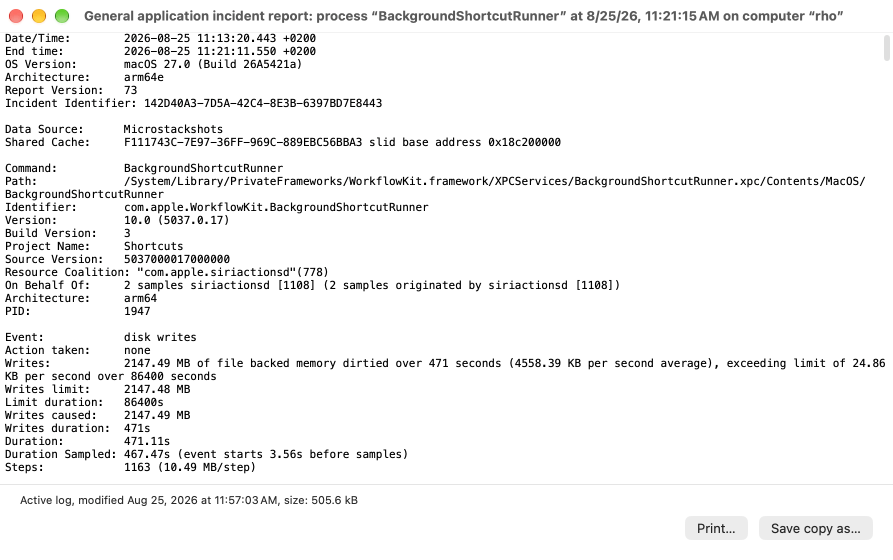 The contents of a log or report is shown in a separate window.