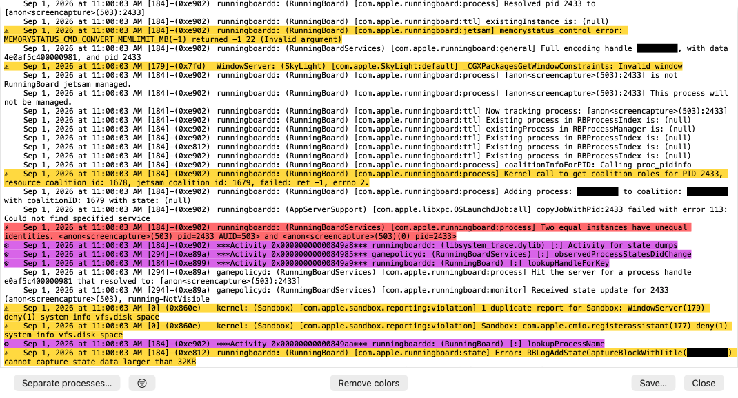 Display of a macOS log