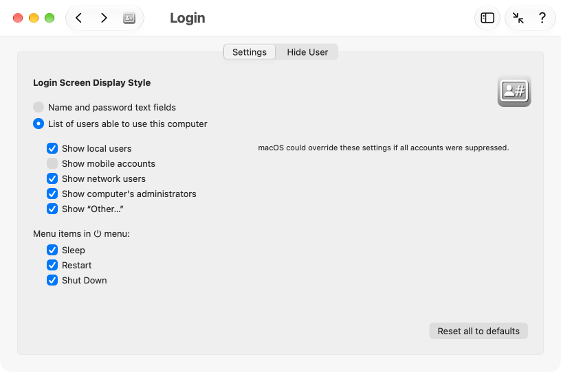 Login screen settings