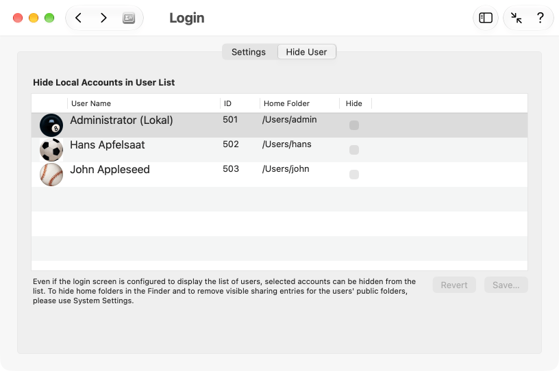 Hide accounts in the login list of users