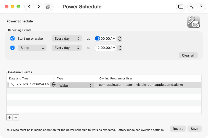 Repeating power schedule events and one-time events can be reviewed and edited.