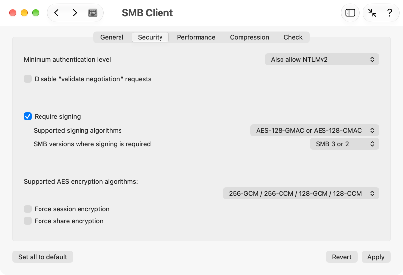 Settings for SMB security