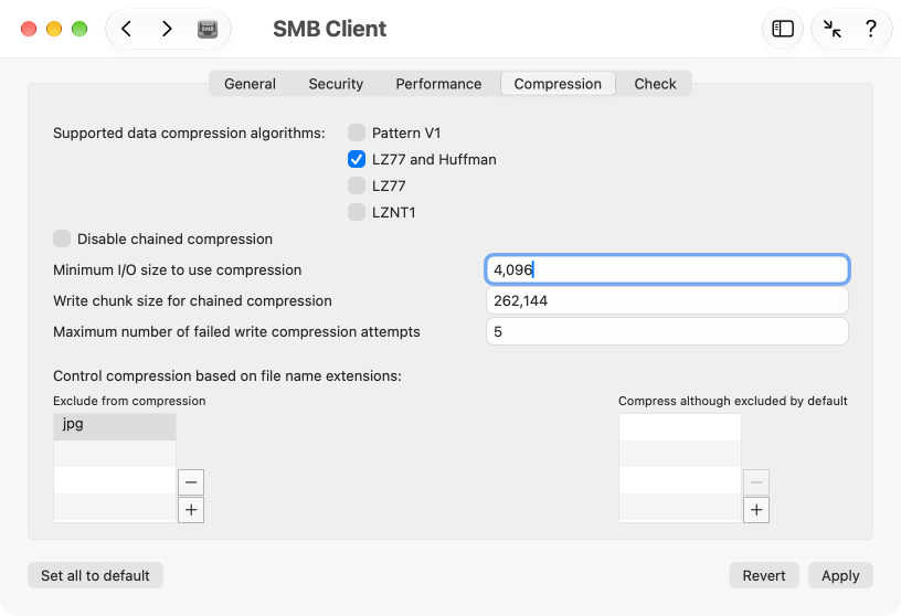 Settings for SMB data compression