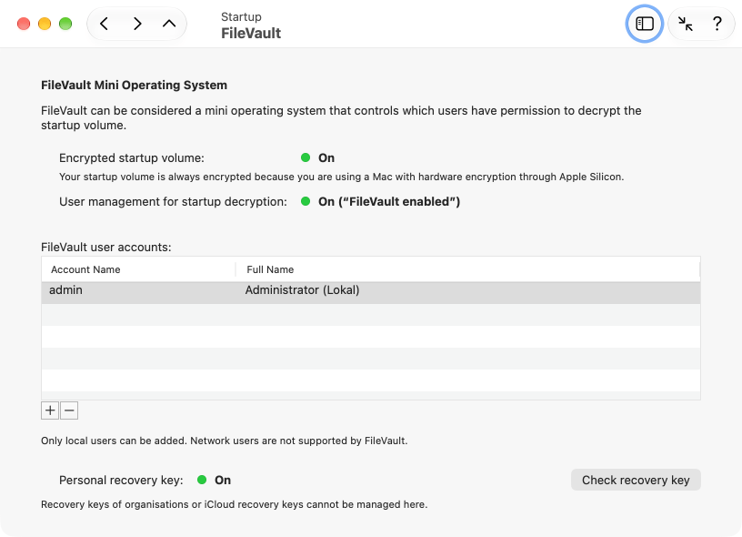 TinkerTool System indicates the status and user management of FileVault. If available, a personal recovery key can also be tested.