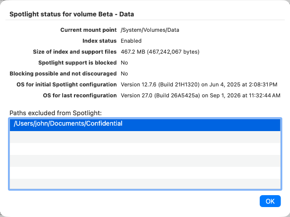 Further details for an indexed volume can be shown