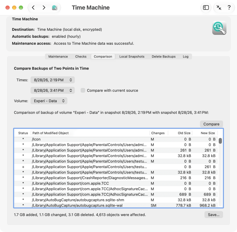 Check Time Machine by comparing backups
