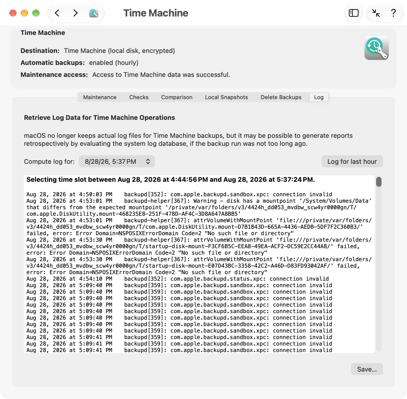 Logs for Time Machine backups are no longer created as separate text files, but can be retrieved afterwards