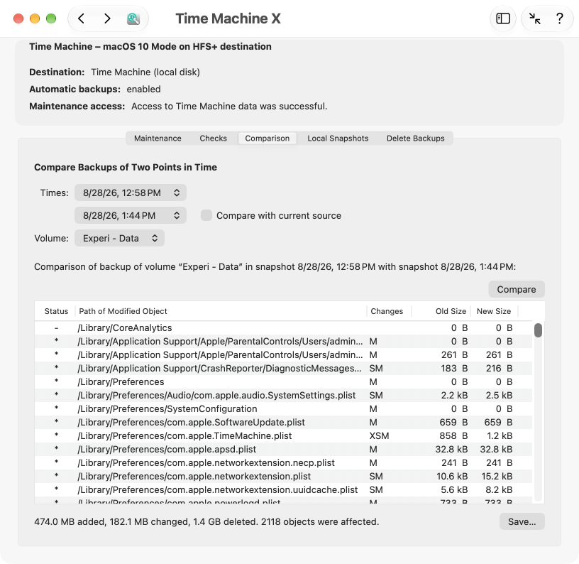 Check Time Machine by comparing backups