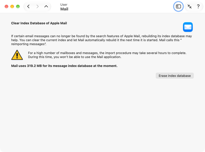 Clear index database of Apple Mail