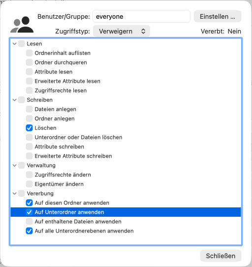 Durch die Verwendung von Zugriffssteuerungslisten
                (ACLs) kann macOS genaue Rechte im Detail angeben.