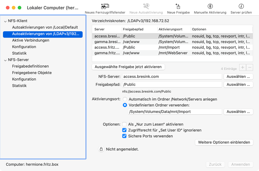 macOS aktiviert NFS-Server automatisch nachdem Autoaktivierungseinträge auf Verzeichnisknoten gelegt wurden
