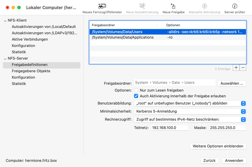 Dieser Punkt wird genutzt, um die Objekte zu definieren, die der NFS-Server freigeben soll.