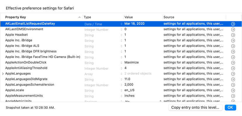 Showing effective preference settings by evaluating the search path