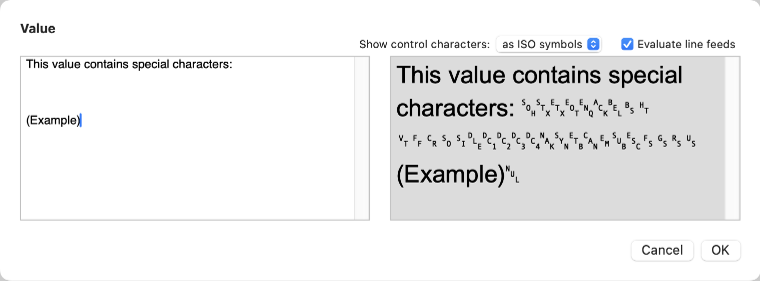 Strings with control characters or multiple lines are presented in a separate panel