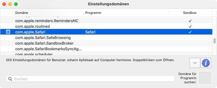 Nach dem Start von PrefEdit werden die unterschiedlichen Bestandteile der macOS-Einstellungsdatenbank
                  (Einstellungsdomänen) aufgelistet. PrefEdit kann automatisch die Domäne heraussuchen, die dafür verantwortlich ist, die Einstellungen eines                  gegebenen Programms zu speichern.