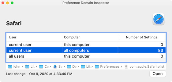 Detail information about preference domains can be shown in an inspector panel.