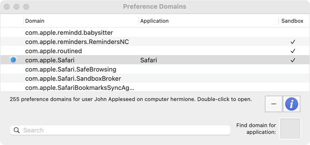 After launching PrefEdit, the different components (preference domains) of the macOS preferences database will be listed. PrefEdit can automatically find the domain which is responsible to hold the preference settings of a given application.