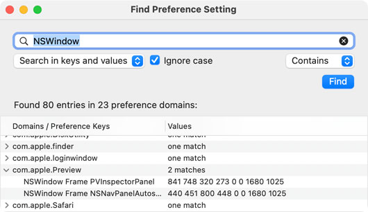 You can search for settings and their names in the entire preferences database of macOS.