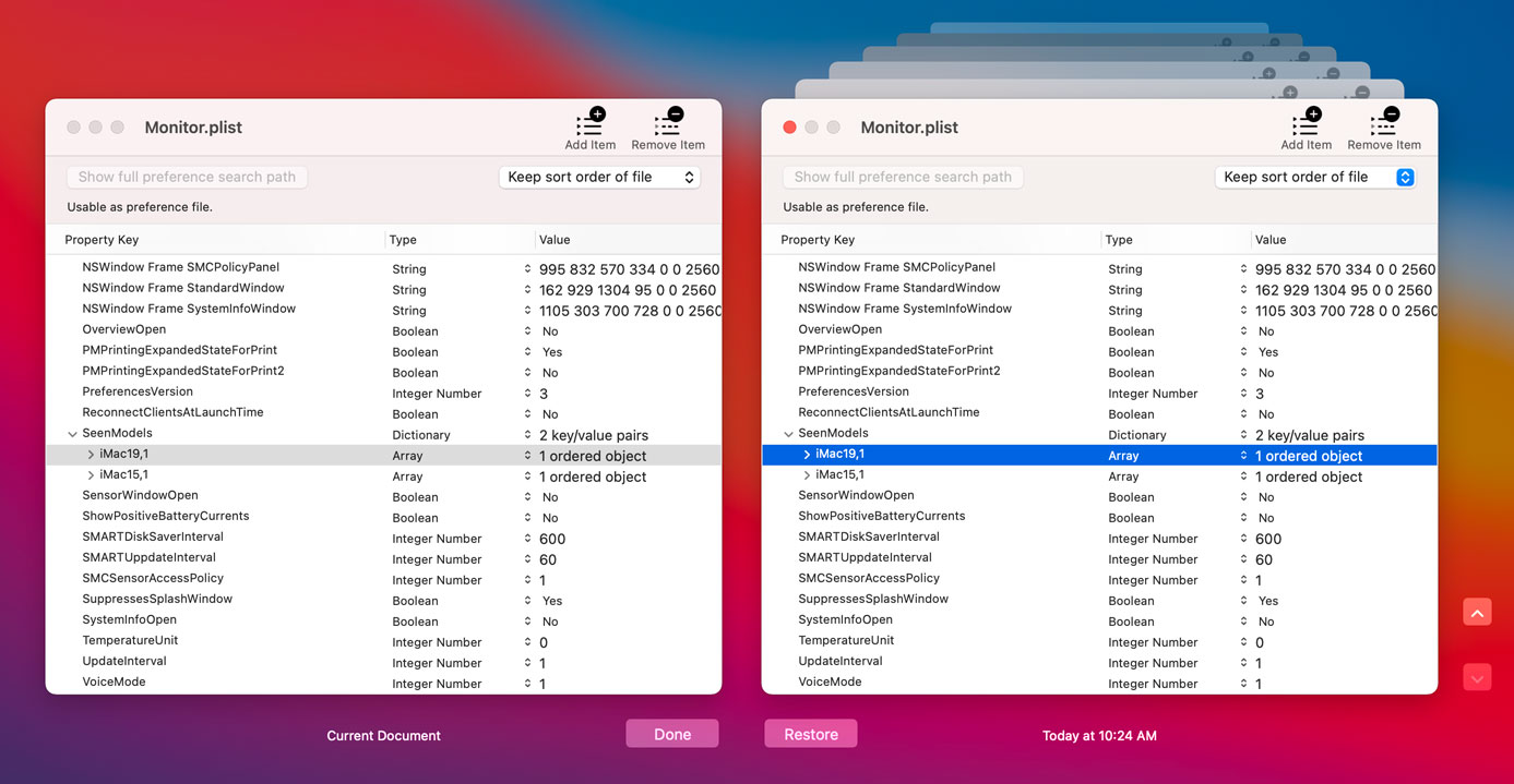 PrefEdit fully supports the Versions feature of macOS.