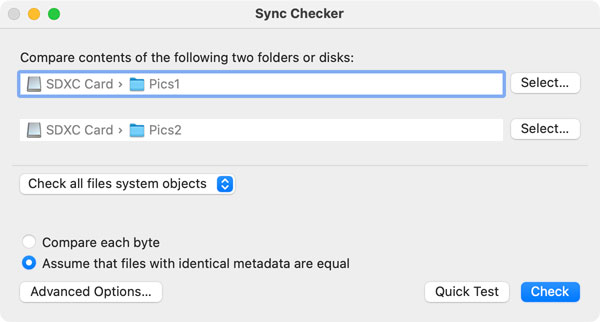 A sync check or a quick test on two sets of files is started by this easy-to-use control window.