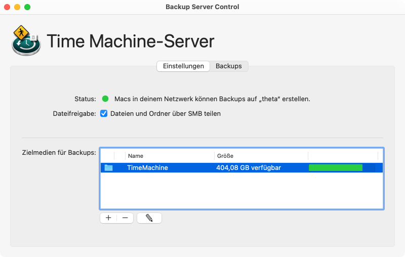 Der Time Machine-Server wird eingerichtet, indem zumindest der SMB-Dateiserver eingeschaltet und ein Zielordner definiert wird.