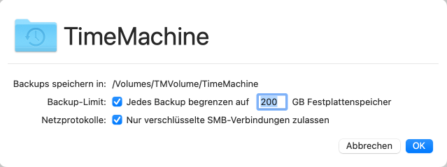 Für jedes Backup-Ziel kann auf Wunsch eine faire Obergrenze für den Platzverbrauch der teilnehmenden Macs eingestellt werden.