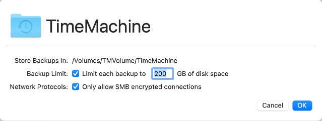 A quota option allows you to set a maximum limit of storage space for each participating Mac.