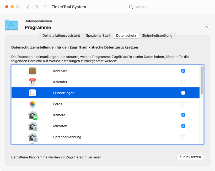 Datenschutzeinstellungen für Programme zurücksetzen