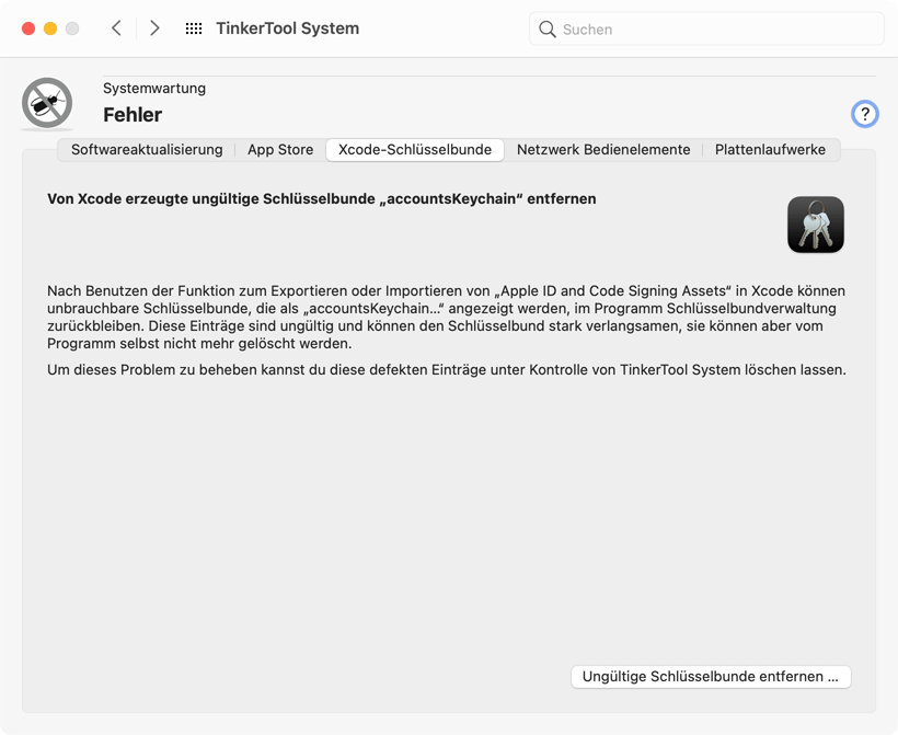 Von Xcode erstellte ungültige Schlüsselbunde können entfernt werden