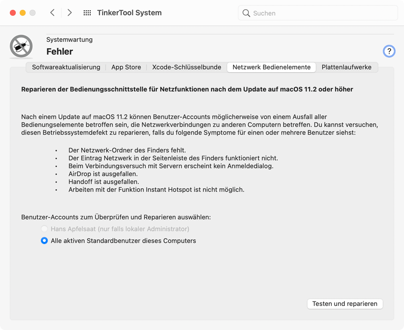 Ein Ausfall der Bedienungselemente für Netzwerkzugriff kann für betroffene Benutzer-Accounts repariert werden