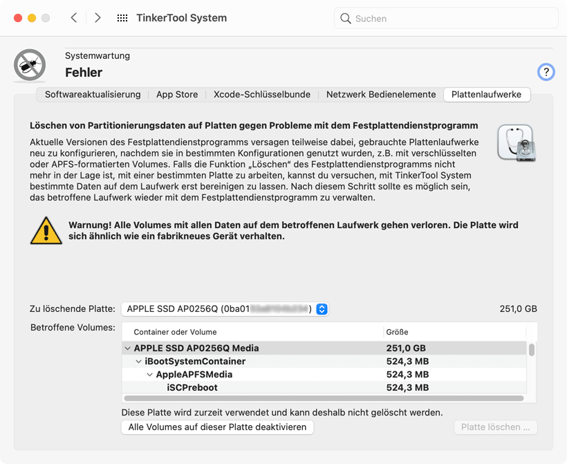Bereinigen Sie Platten, die im Festplattendienstprogramm nicht mehr gehandhabt werden können