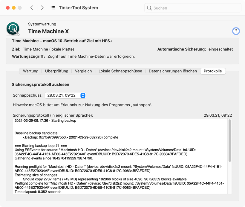 Zugriff auf Time Machine-Protokolle