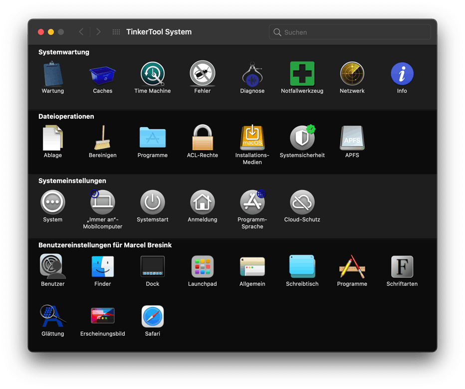Das Steuerungsfenster von TinkerTool System mit integriertem TinkerTool bei Ausführung auf einem mobilen Intel-basierten Mac