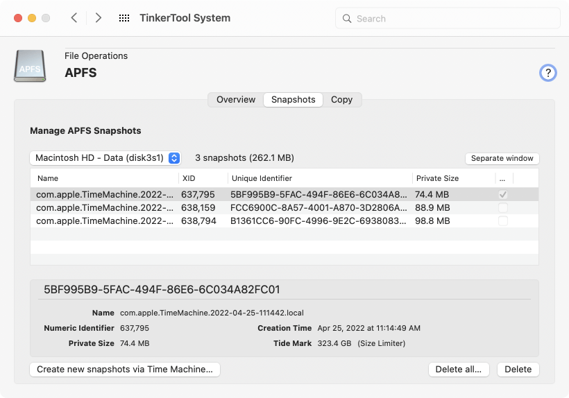 APFS snapshots can be listed and deleted