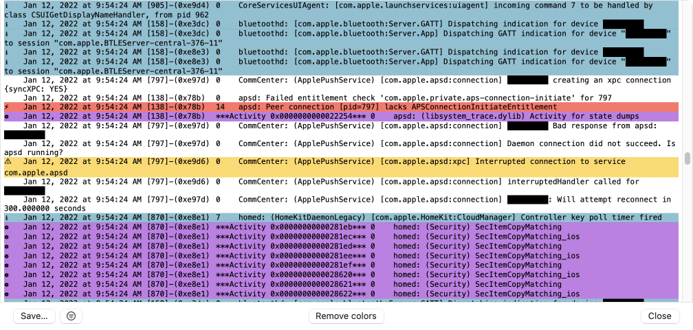 Display of a macOS log