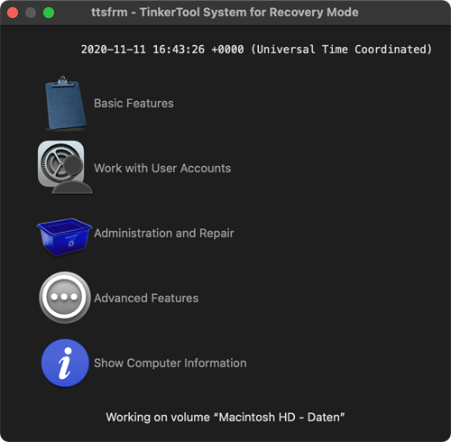 The main menu of TinkerTool System for Recovery Mode (ttsfrm