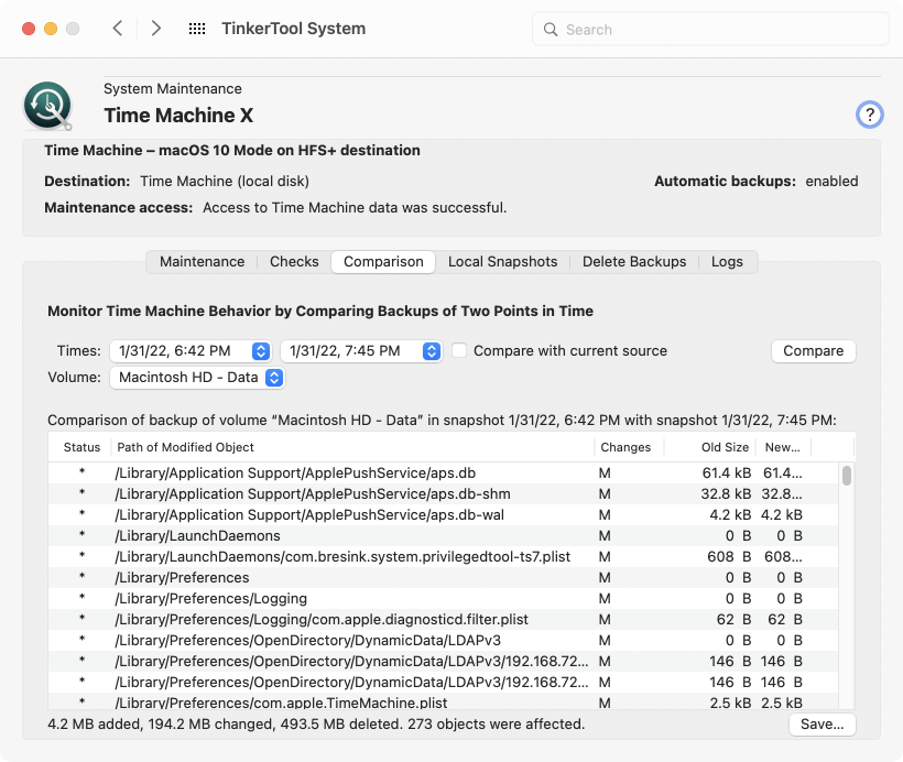 Check Time Machine by comparing backups