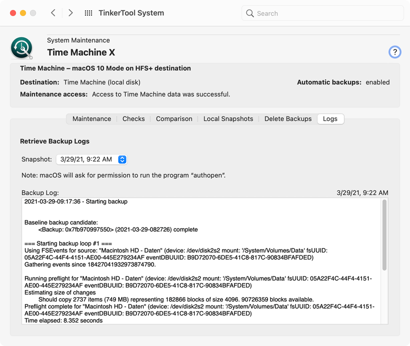 Access to Time Machine logs