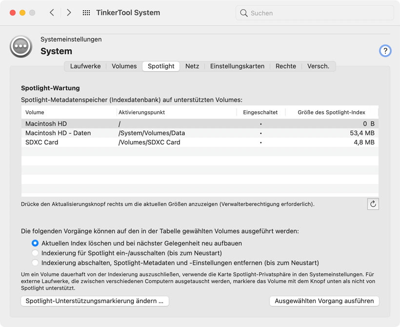 Steuern Sie das Spotlight-Subsystem von macOS und dessen Indexdatenbanken.
