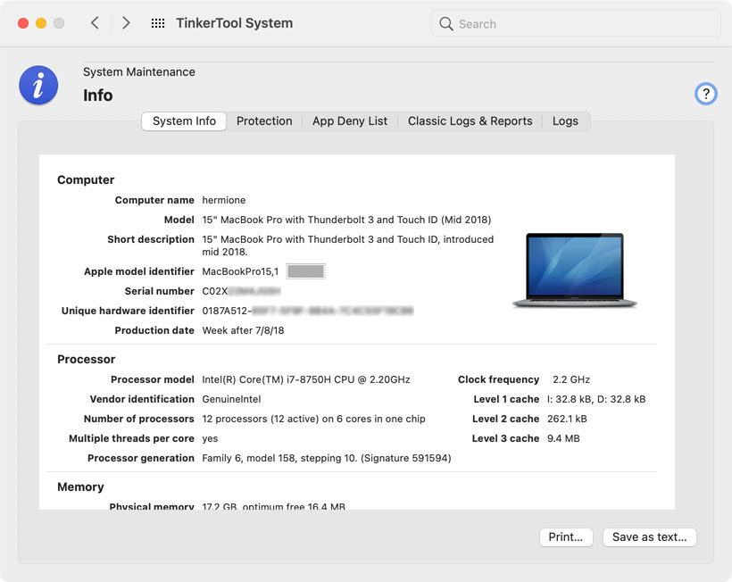 Show details of the computer hardware not visible in the System Information program of macOS.