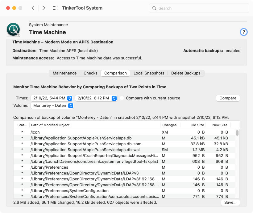 Check how Time Machine works and what files have changed between backup snapshots.