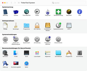 TinkerTool System 7 mit eingebundenem TinkerTool, auf mobilem Intel-Mac. Funktionen auf anderer Hardware können variieren.