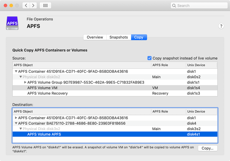 As of macOS Catalina, APFS objects can be copied quickly