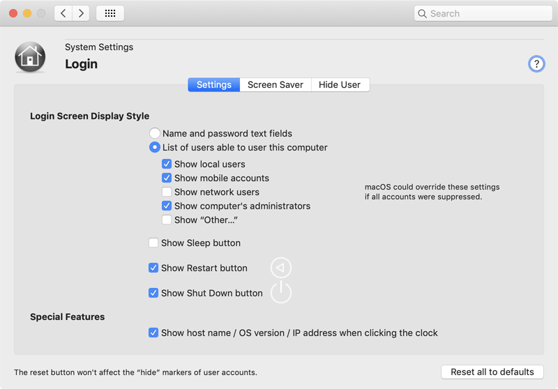 Login screen settings