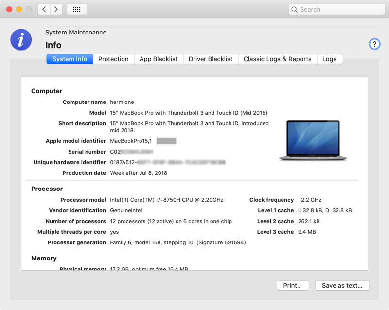 Show details of the computer hardware not visible in the System Information program of macOS.