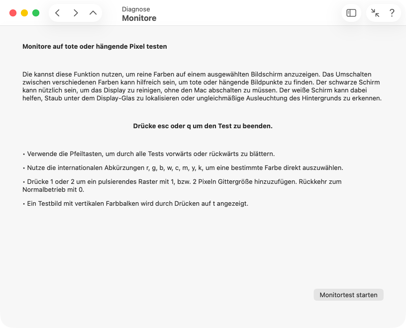 Angeschlossene Bildschirme können über Farbflächen getestet werden