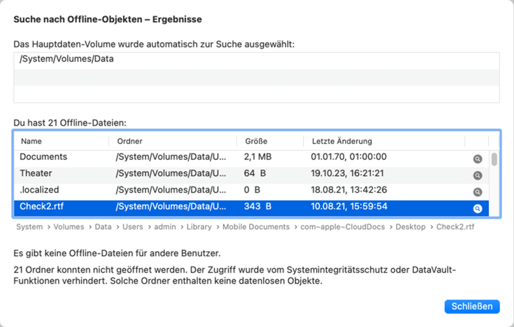 Ergebnisliste für Offline-Dateien